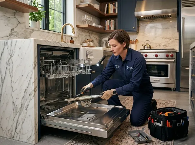 Appliance Repair Hero technician servicing a built-in dishwasher in a Bethel, OH kitchen