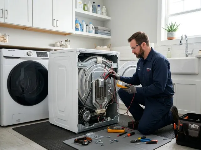 Appliance Repair Hero technician checking a dryer heating element with the rear panel off in Bethel, OH