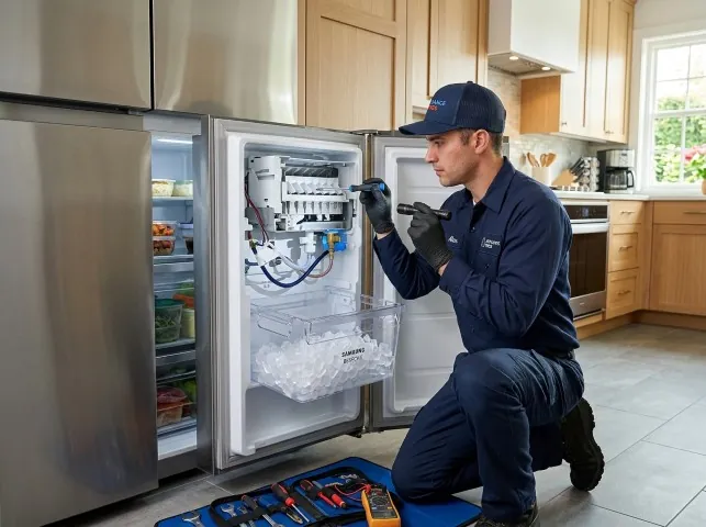 Appliance Repair Hero technician repairing a refrigerator ice maker in Bethel, OH