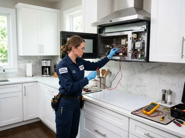 Appliance Repair Hero technician testing an over-the-range microwave in a Bethel, OH kitchen
