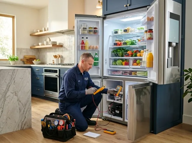 Appliance Repair Hero refrigerator technician testing a fridge on a Bethel, OH service call