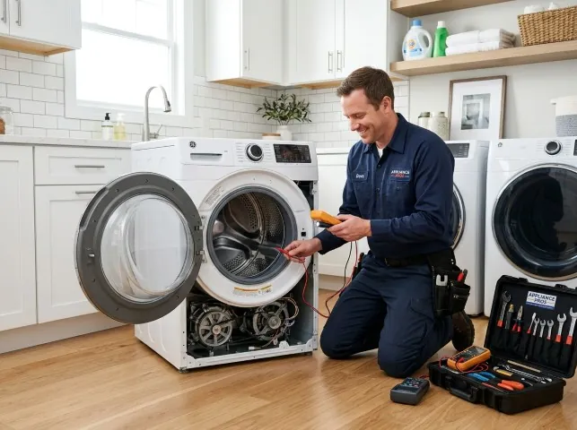 Appliance Repair Hero technician testing a front-load washer with a multimeter on a Bethel, OH service call